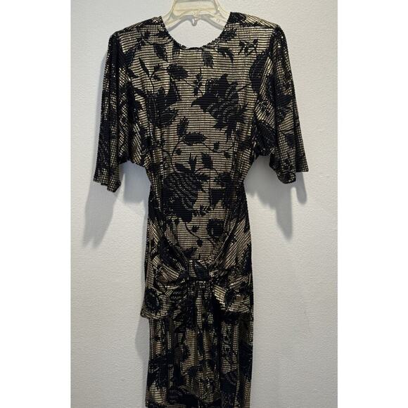 Vintage Janine Medium Gold Black Floral Cocktail Dress Open Back Mosaic Retro - Picture 5 of 16